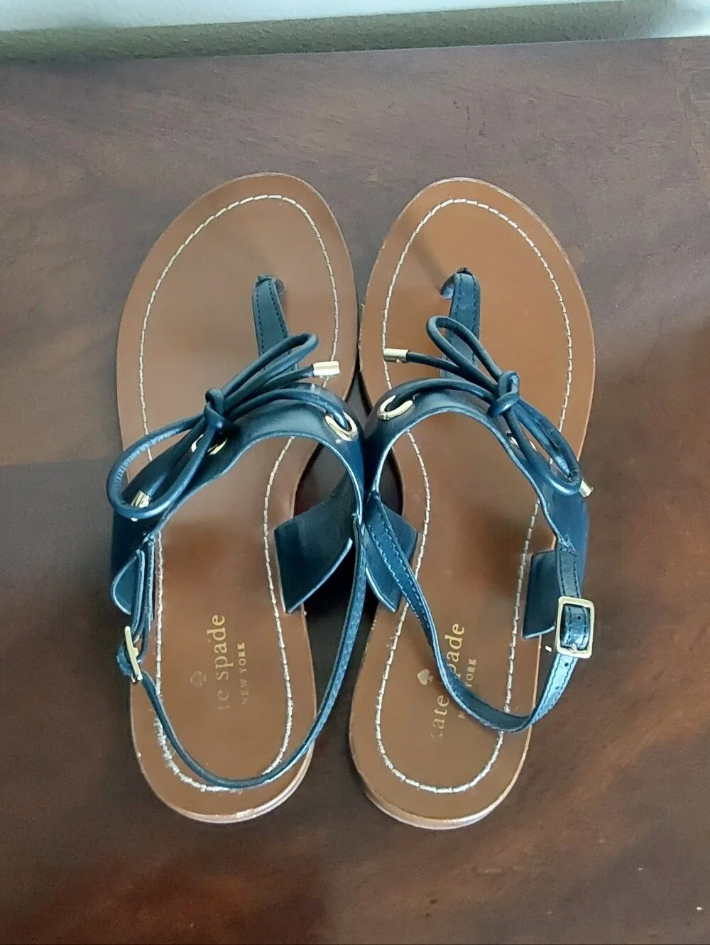 kate spade Black Strappy  Carolina Leather Thong Sandals with Brown Footbed